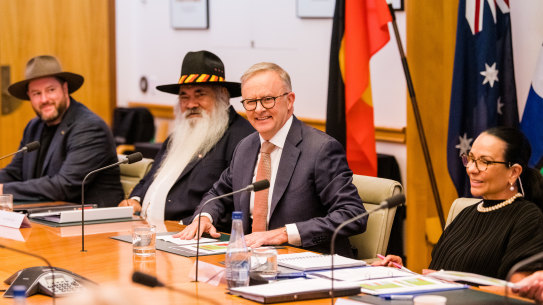 Prime Minister Anthony Albanese addresses the Indigenous referendum working group at meeting earlier this month.
