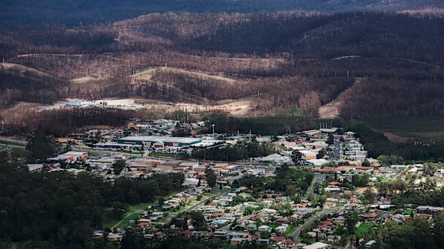 An aerial photo of bushfire affected areas on the outskirts of Batemans Bay on Wednesday taken from an MRH90 Taipan helicopter.