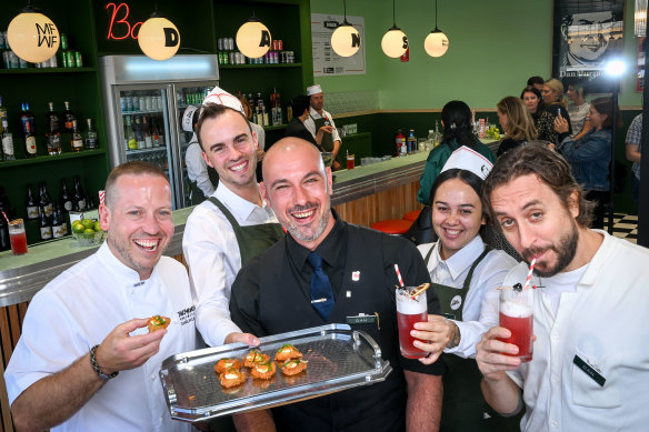Some of the Dan’s Diner crew, including (from left) Daniel Wilson, bartender Daniel Docherty and chef Daniel Puskas, with waitstaff Will Lonergan and Dena Eketone.