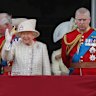 Former Prince Andrew in military uniform with his mother, Queen Elizabeth II, at the Trooping the Colour in 2019, before being stripped of his titles.