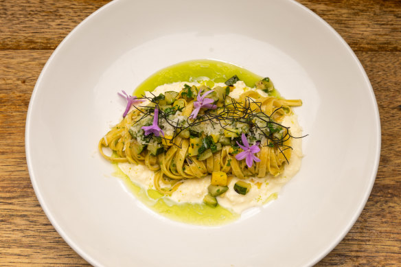 Go-to dish: Saffron tagliatelle with stracciatella, zucchini and wild garlic.