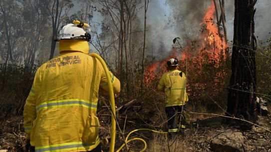 NSW Rural Fire Service workers control a bushfire from a property in Wallacia last week.