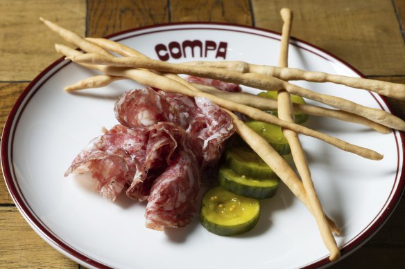 The go-to dish: Moran Family Farm salami with Zuni pickles and house-made grissini. 