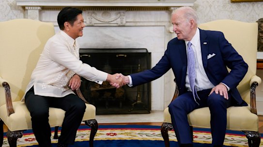 President Joe Biden shakes hands with Philippines President Ferdinand Marcos Jr. as they meet in the Oval Office of the White House