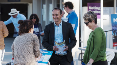 Dave Sharma and his wife Rachel at an early voting booth in Wentworth on Tuesday.