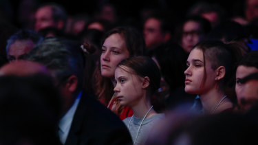 Climate activist Greta Thunberg in the audience for US President Donald Trump's speech.