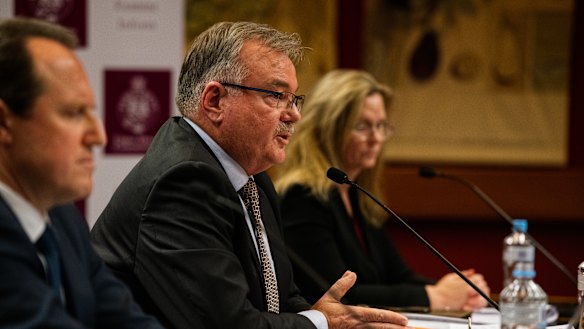 Former icare CEO John Nagle (middle) appearing at a NSW parliamentary inquiry into icare in August.