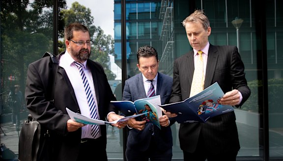 Troy Stolz, Nick Xenophon and Stephen Mayne outside the Annual General Meeting for Aristocrat Leisure.