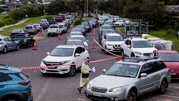 A drive-through coronavirus testing clinic at North Curl Curl, on the northern beaches.