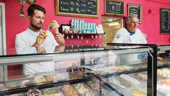 Vincent Piccolo, manager of Art of Gelato Michaelangelo with his father Martino Piccolo, who owns the business. 