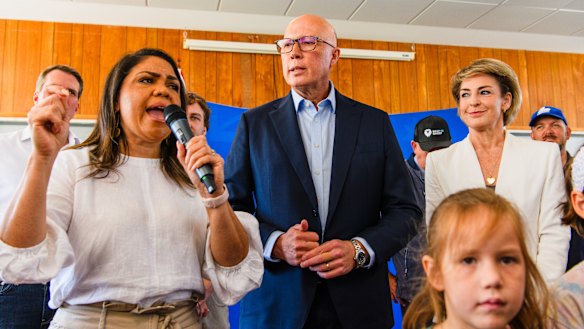 Jacinta Nampijinpa Price with Peter Dutton and Michaelia Cash.