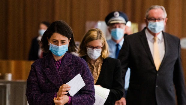 NSW Premier Gladys Berejiklian, Dr Kerry Chant and Health Minister Brad Hazzard.