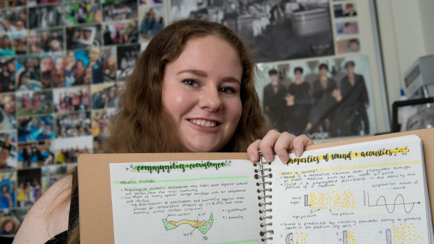 The art of study: Geelong zoology student Georgia Woodhead with her uber-neat and arty study notes (studygrams). 
