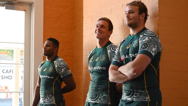 Filipo Daugunu, Dane Haylett-Petty and Harry Wilson wearing the Wallabies First Nations jersey on Wednesday in Sydney.