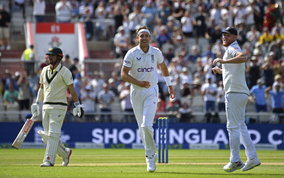Stuart Broad celebrates his 600th Test wicket.