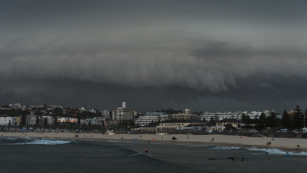The storm front passes over Bondi Beach.