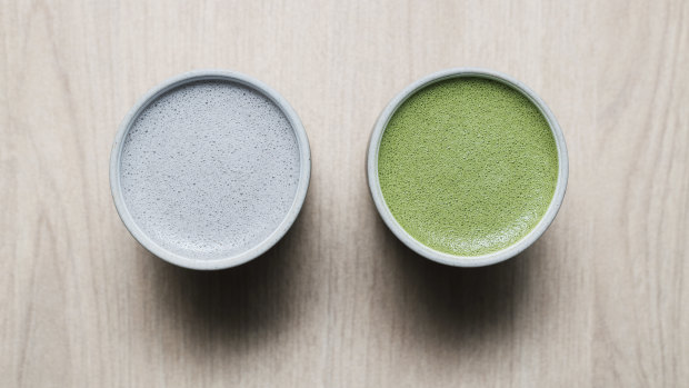 The black sesame and matcha lattes at Comeco Foods in Newtown. 