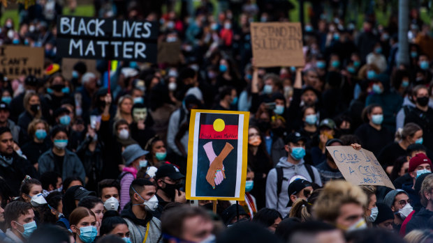 Protesters at the Black Lives Matter rally in Sydney on Saturday.