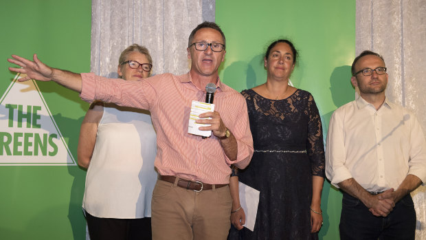 Senator Janet Rice, Greens leader Dr Richard Di Natale, Greens candidate for Batman Alex Bhathal (centre) and Deputy Leader of the Australian Greens Adam Bandt (right) concede defeat in Batman.