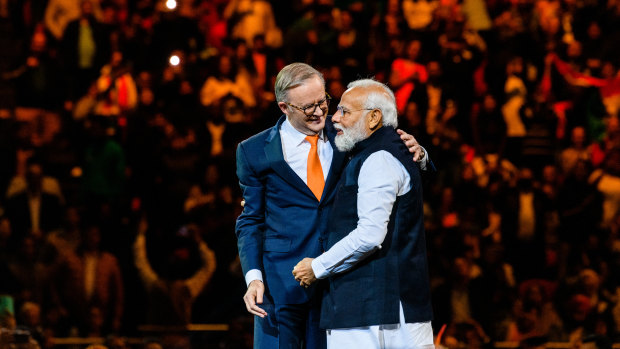 Anthony Albanese appeared beside Narenda Modi in front of thousands of people at Sydney Olympic Park.