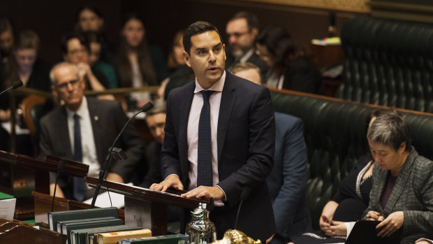 Alex Greenwich at the dispatch box in NSW Parliament during debate on the bill to decriminalise abortion in 2019.
