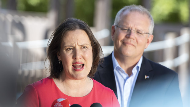 Prime Minister Scott Morrison and Jobs Minister Kelly O'Dwyer, who is retiring at the next election.