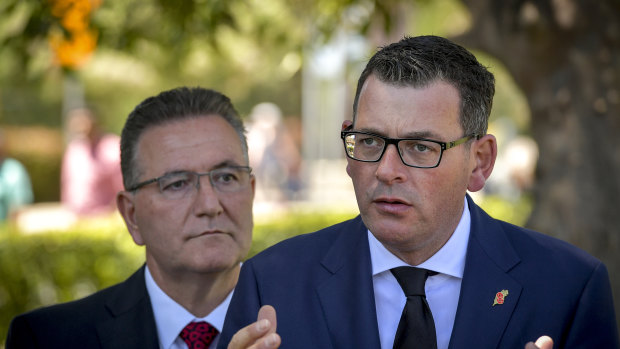 Premier Daniel Andrews speaks about safety after a Remembrance Day Centenary service at the Shrine of Remembrance, Melbourne. 