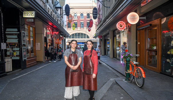 Staff from the Tulip Coffee on Degraves Street, Lily Taubert-Gallagher and Veronica Bella.