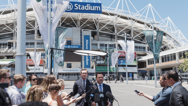 NSW Treasurer Dominic Perrottet and Sports MInister Stuart Ayres announce the demolition and reconstruction of the Sydney Football Stadium last Friday.