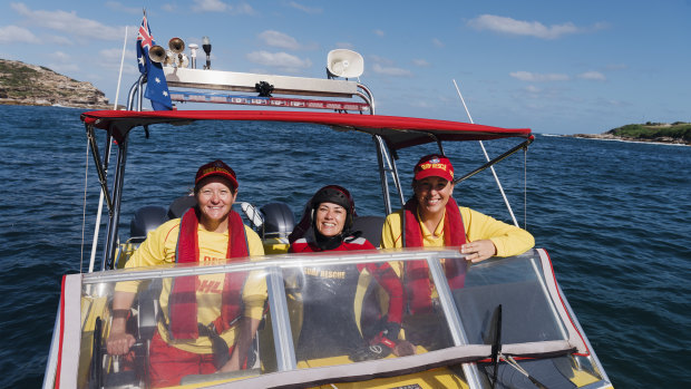 Nixy Krite, Fiona Phelps and skipper Tresne Chesher of Surf Rescue 30, part of Surf Life Saving NSW's offshore rescue team. 