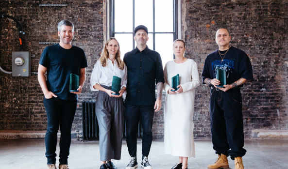 The four finalists for the International Woolmark Prize announced in New York on Thursday, July 12 (from left): Brandon Maxwell (USA), Nicole and Michael Colovos of Colovos (USA), Marina Afonina of Albus Lumen (Australia) and Willy Chavara (USA). 