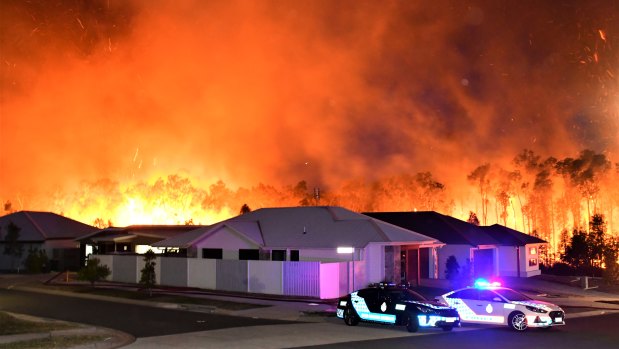 The Peregian Springs bushfire on the Sunshine Coast on Monday where several homes were destroyed.