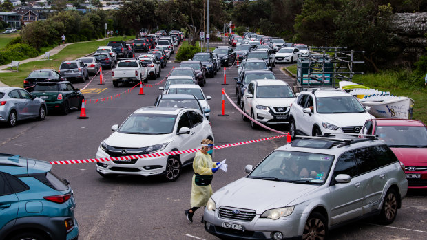 A drive-through coronavirus testing clinic at North Curl Curl, on the northern beaches.
