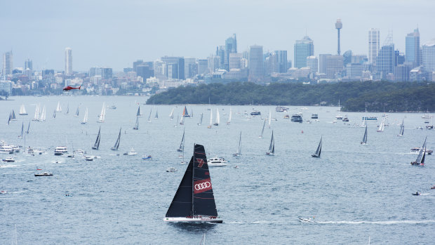 Wild Oats XI at the start of last year's Sydney to Hobart race, as seen from North Head.