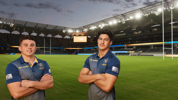 Home: Eels players Reed Mahoney and Dylan Brown at Bankwest Stadium.