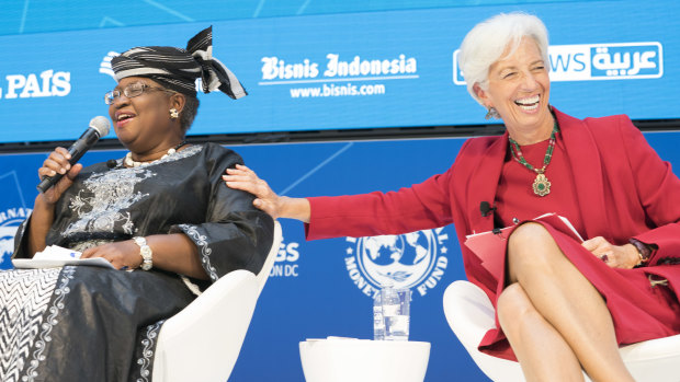 Ngozi Okonjo-Iweala, left, with former IMG managing director Christine Lagarde at the IMF/World Bank annual meetings in 2017. 