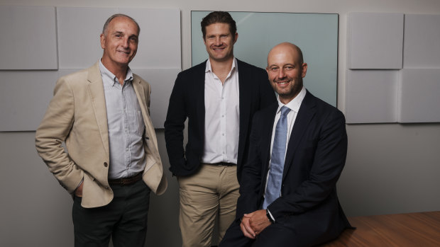 New Australian Cricketers’ Association CEO Todd Greenberg with president Shane Watson and chairman Greg Dyer on Monday.