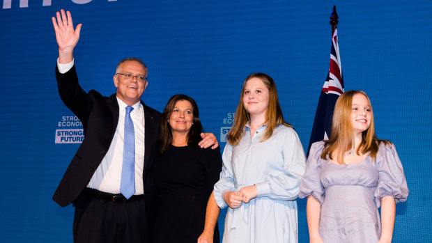 Scott Morrison and his family at the Brisbane Convention and Exhibition Centre on Sunday.