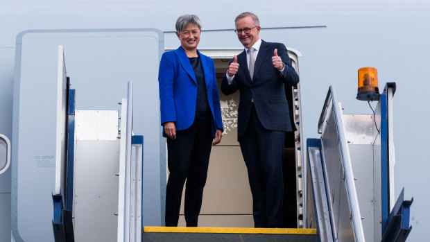 Prime Minister Anthony Albanese and Foreign Affairs Minister Penny Wong board a plane for the Quad meeting on Monday.
