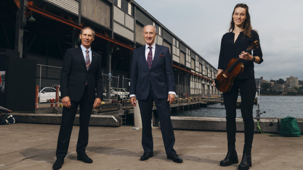 Australian Chamber Orchestra chairman Guido Belgiorno-Nettis, Platinum Asset Management director Kerr Neilson and ACO violist Elizabeth Woolnough outside Pier 2/3.