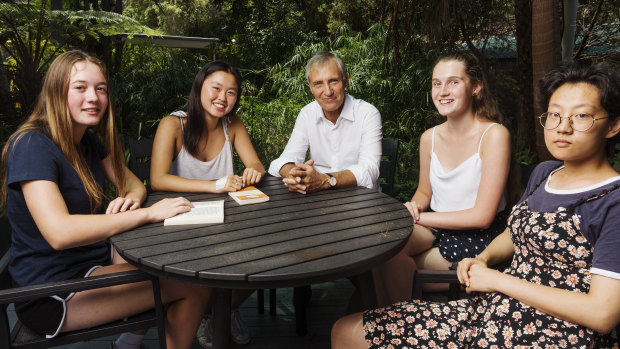 Professor Simon Haines, chief executive of the Ramsay Centre for Western Civilisation, with summer program students (from left) Scarlett Green, Helga Tong, Sophie Jackson and Winnie Li.