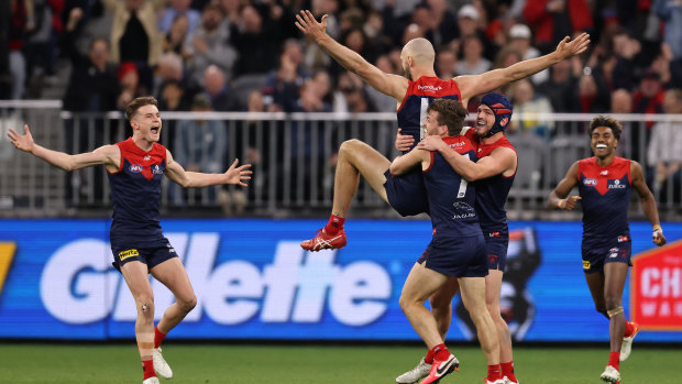 Max Gawn celebrates a goal on Friday night.