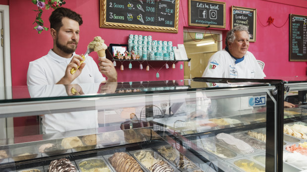 Vincent Piccolo, manager of Art of Gelato Michaelangelo with his father Martino Piccolo, who owns the business. 