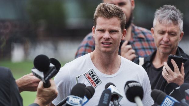 Hold the phone: Steve Smith talks to the press in Sydney. The ads he appeared in for Vodafone raised more than a few eyebrows.
