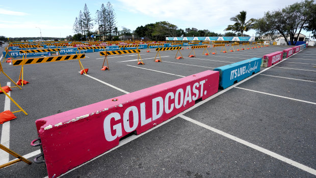 Barricades erected at The Spit car park earlier this week to deter Gold Coast beach visitors.