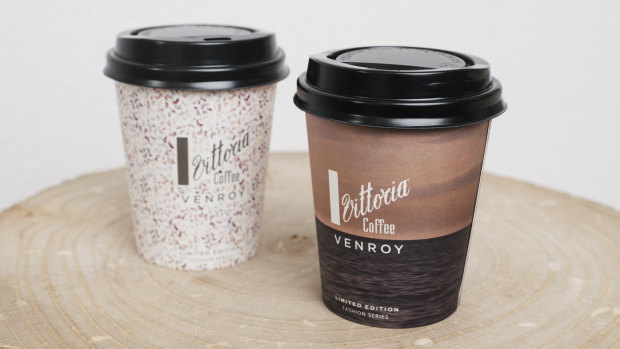 The coffee cups designed by Venroy for the Vittoria Fashion Series for Fashion Week.