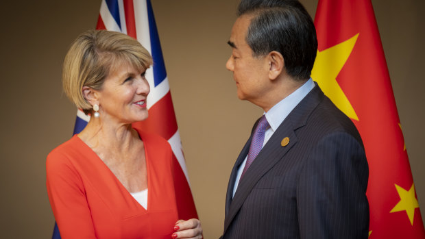 Foreign Minister Julie Bishop with her Chinese counterpart Wang Yi in Buenos Aires.