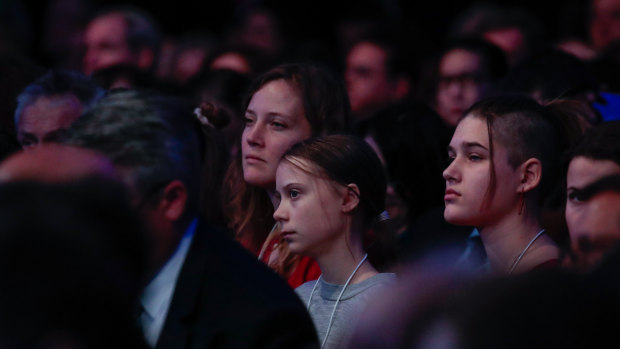 Climate activist Greta Thunberg in the audience for US President Donald Trump's speech.