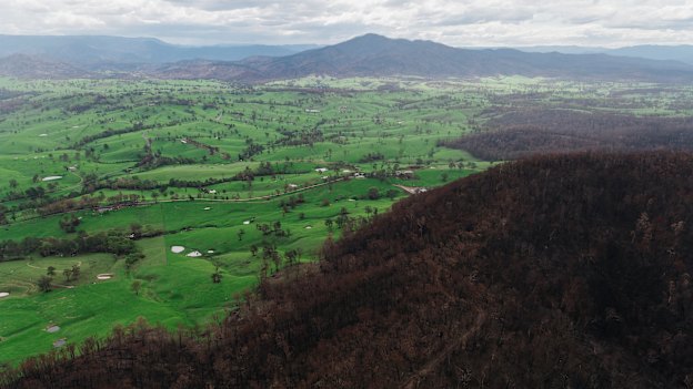 An aerial photo of bushfire affected areas, south of Bodalla, taken from an MRH90 Taipan helicopter.
