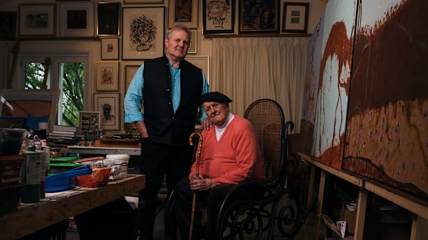 Sydney gallerist Tim Olsen and his father, artist John Olsen, at John’s home and studio in the NSW Southern Highlands in 2020.